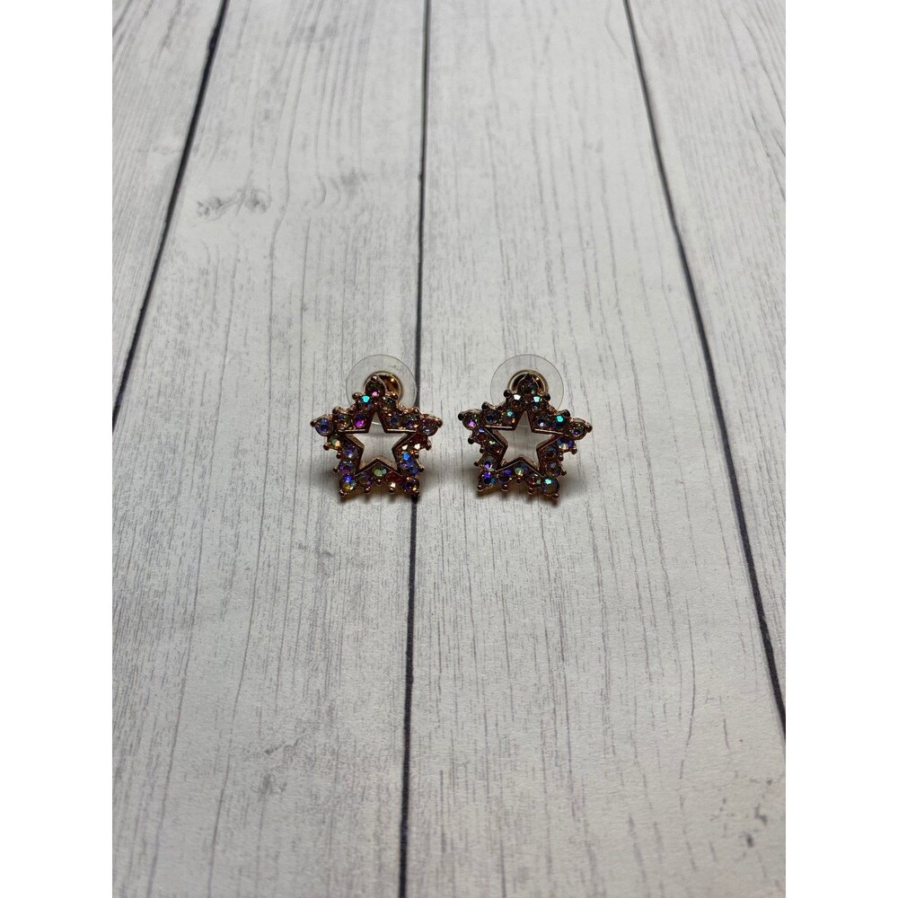 Star Shaped Gold Tone Aurora Borealis Rhinestone Stud Earrings 1in